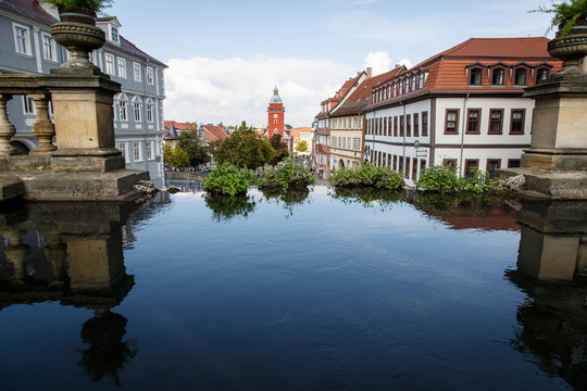 view from the castle with sprinkling on the town hall tower in Gera Germany