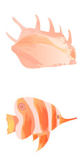 Marine set of Watercolor Vector Tropical Fish, Seaweed Coral Algae and Jellyfish Underwater Watercolor Vector illustration
