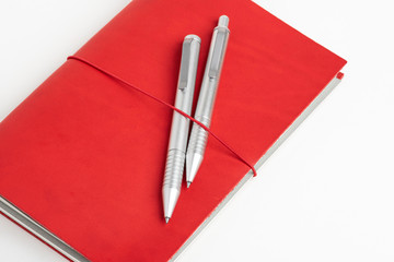 Red Leather Journal Cover With Elastic Band And Two Ballpoint Pens