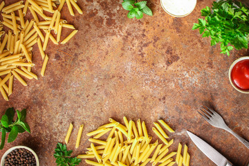 penne pasta and sauce (set of ingredients) menu concept. top food background. copy space