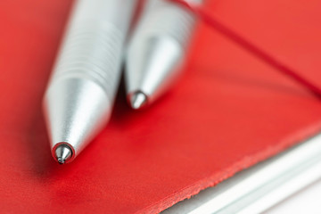 Red Leather Journal Cover With Elastic Band And Two Ballpoint Pens