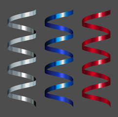 Ribbons, Gradient Curling Serpentine for Design decoration party, birthday, Christmas, New Year celebration, anniversary, carnival Vector illustration. Colorful shiny streamer. silver, red, blue 