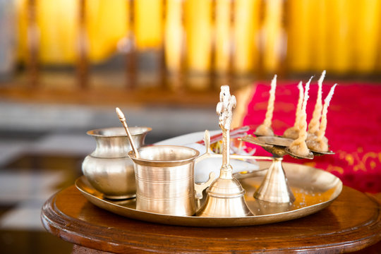 Objects For Worship The Deities In The Indian Culture Called Arati Paraphernalia. Indian Puja Plate.