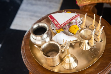 objects for worship the Deities in the Indian culture called Arati Paraphernalia. indian puja plate.