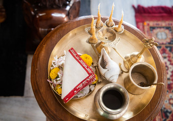 objects for worship the Deities in the Indian culture called Arati Paraphernalia. indian puja plate.