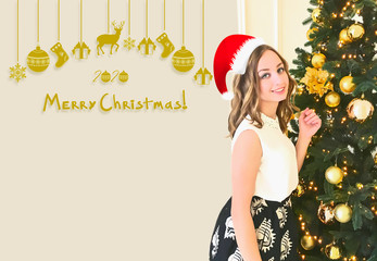 Greeting card with Christmas holidays. Beautiful illustration with a girl near the Christmas tree.