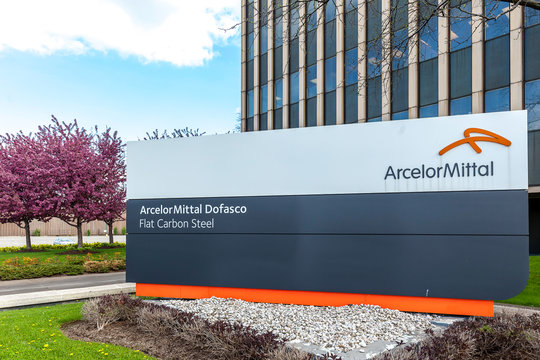 Hamilton, Ontario, Canada - May 20, 2018: Sign of ArcelorMittal Dofasco at head office in Hamilton, Ontario. Dofasco is a subsidiary of ArcelorMittal, the world's largest integrated steel producer.