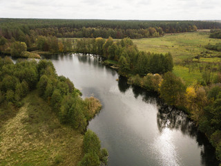 Aerial view of river Snov in autumn near village of Sednev, Ukraine.