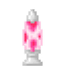 Obraz premium Pink lava lamp, pixel art room decoration icon isolated on white. 8 bit neon night light symbol. Old school vintage retro slot machine/video game graphics. 60s futuristic interior design element.