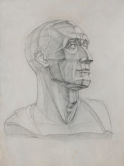 Fototapeta na wymiar old paper's student's drawing of roman head Niccolo da Uzzano by Donatello, education of drawing classic process