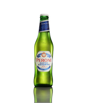 POLTAVA, UKRAINE - DECEMBER 17, 2019: Bottle of Peroni Pilsener beer isolated on a white background
