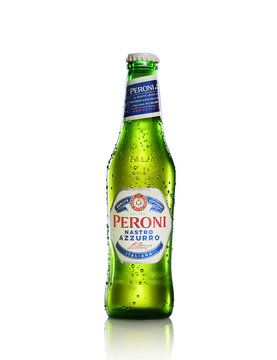 POLTAVA, UKRAINE - DECEMBER 17, 2019: Bottle of Peroni Pilsener beer isolated on a white background