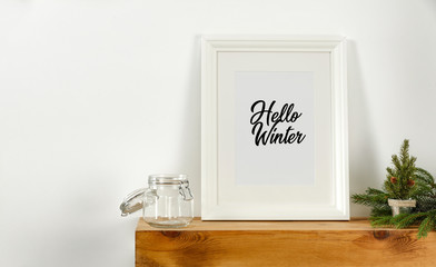 Winter background of frame with free space for your decoration.Wooden shelf on wall and copy space 