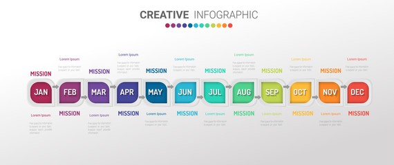 Timeline business for 12 months, 1 year, Timeline infographics design vector and Presentation business can be used for Business concept with 12 options, steps or processes. 
