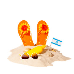 beach concept with Israeli flag on pile of beach sand