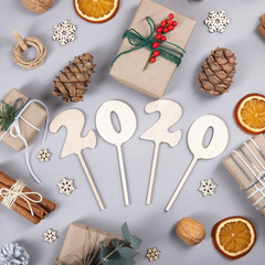 Beautiful, natural and zero waste New Year composition of decoration objects.