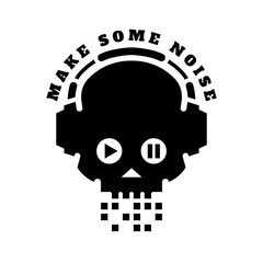 Skull in headphones, make some noise. Sign, logo. Vector illustration.