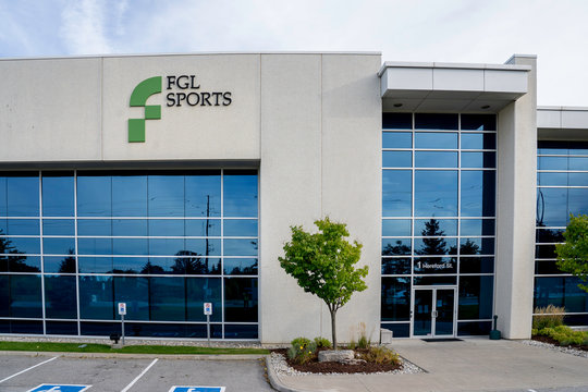 Mississauga, Ontario, Canada - October 5, 2019: Sign of FGL Sports on the building in Mississauga, Ontario, Canada. FGL Sports Ltd. is a Canadian sporting goods retailer. 