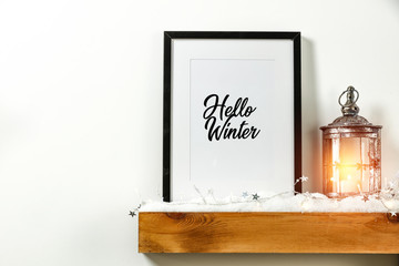 Winter background of frame with free space for your decoration.Wooden shelf on wall and copy space 