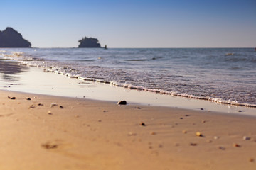 Soft wave from sea come to wet sand beach with blur clear sky background. With copy space for text or design