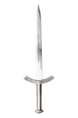 Middle ages weapons, obsolete war fighting and weapon of a knight conceptual idea with shiny medieval steel sword with ornate handle isolated on white background with clipping path cutout