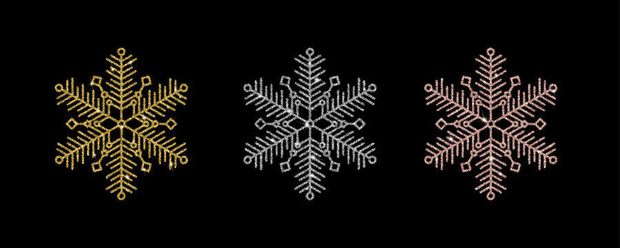 Silver, yellow and rose gold snowflake with luxury glitter effect and bright sparkles isolated on black background. Glamorous vector element for New Year or Xmas design.