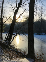 frozen lake in the forest with sunlight