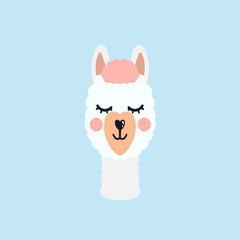 The head of a llama on an isolated blue background.Cute animal. Vector illustration