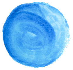 watercolor blue stain a circle drawn by brush on paper. Isolated on white background.