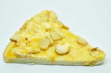piece of pizza topping sausage and cheese on white background
