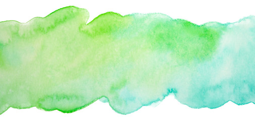 Fototapeta premium watercolor band green stripe stain drawn by brush on paper. Isolated on white background.