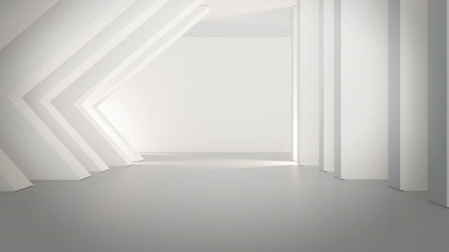Geometric shapes structure on empty concrete floor with white wall in big hall or modern showroom. Interior 3d illustration of future technology architecture for loop animation abstract background.