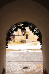 interior of an old church with christmas decoration