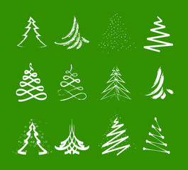 Set of abstract Christmas Trees. Unusual fir-tree icons set. New Year elements for calendar and decoration.