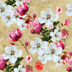 Fototapeta na wymiar Watercolor painting of leaf and flowers, seamless pattern background