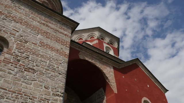 Architecture details of Zica monastery in central Serbia 4K tilting video
