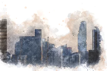 Wall murals Watercolor painting skyscraper Abstract offices Building in the city on watercolor painting background. City on Digital illustration brush to art.