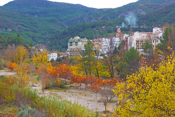 Montanejos, Spain in autumn. Spanish town with beautiful views and riverbank in autumn.