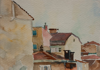 Architectural watercolor sketch of buildings in Beshiktash district, Istanbul, Turkey