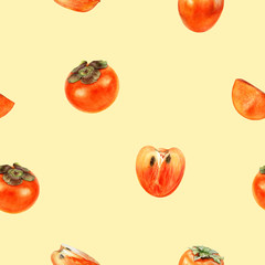 Persimmon fruit hand drawn watercolor seamless pattern.