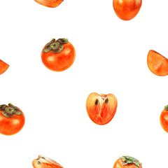 Persimmon fruit hand drawn watercolor seamless pattern.