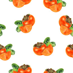 Persimmon fruit hand drawn watercolor seamless pattern.