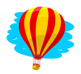 Hot Air Balloon in the blue sky with white clouds and birds. Illustration, vector