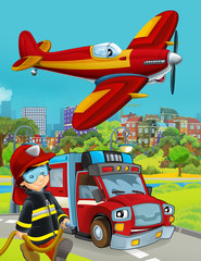 Obraz na płótnie Canvas cartoon scene with fire brigade car vehicle on the road and fireman worker - illustration for children