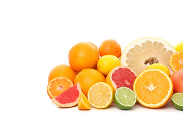 Bunch of juicy citrus fruits isolated on white background