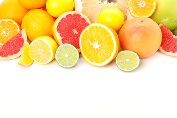 Naklejka na ściany i meble Frame of juicy citrus fruits isolated on white background
