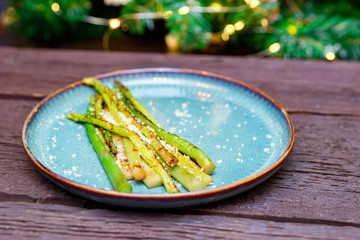 Close up delicious grilled asparagus on plate