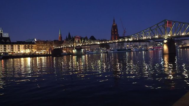 View over the river Main  to the business centre of the city Frankfurt, July 2019