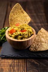 Homemade Fresh Guacamole and Chips Ready to Eat. Healthy and vegetarian food.