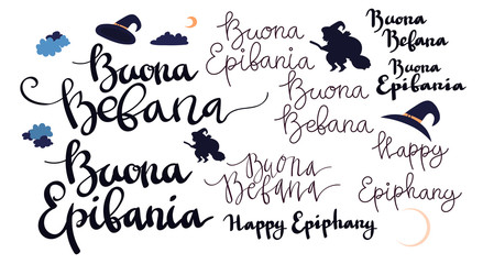 Buona Befana Happy Epifania greeting card template set with handwritten lettering, old witch flying on a broom in the night to bring presents. Vector illustration. Phrase translation: Happy Epiphany